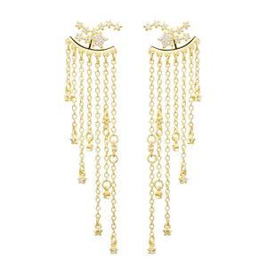 925 Silver Tassel Piercing Earrings CZ Star Pendant