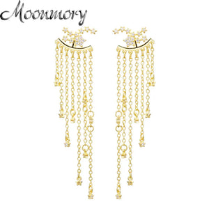 925 Silver Tassel Piercing Earrings CZ Star Pendant
