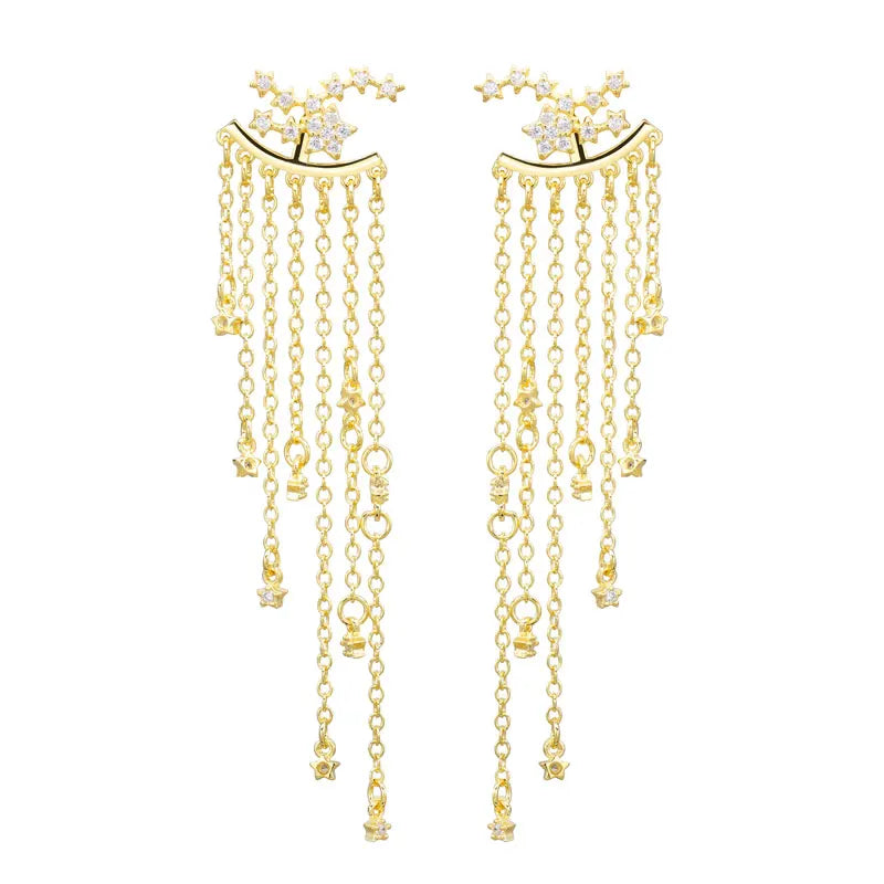 925 Silver Tassel Piercing Earrings CZ Star Pendant