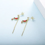 925 Silver Watermelon Chain Earrings Women's Fruit Dangle Piercing Jewelry