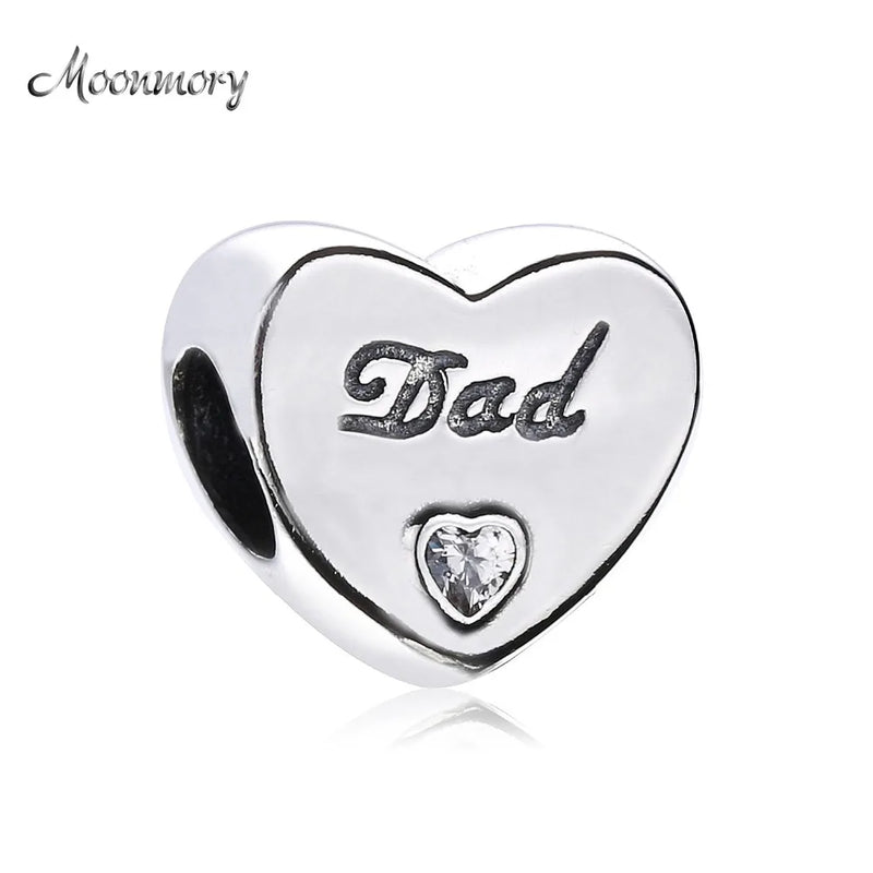 925 Silver Heart Zircon Dad's Love Charm Clear CZ Beads Bracelet Jewelry