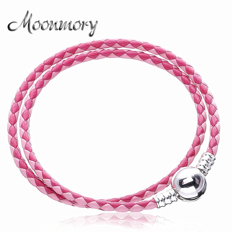Pink Double Woven Bracelet 925 Silver Snake Leather DIY Jewelry