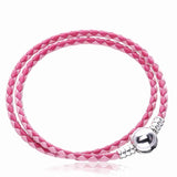 Pink Double Woven Bracelet 925 Silver Snake Leather DIY Jewelry
