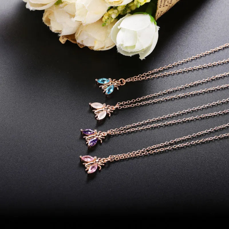 925 Silver Colorful Bee Insect Necklace for Women European Pop Animal Shape