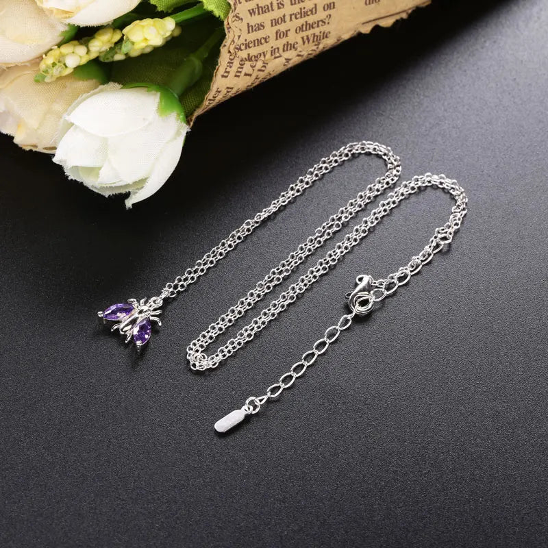 925 Silver Colorful Bee Insect Necklace for Women European Pop Animal Shape