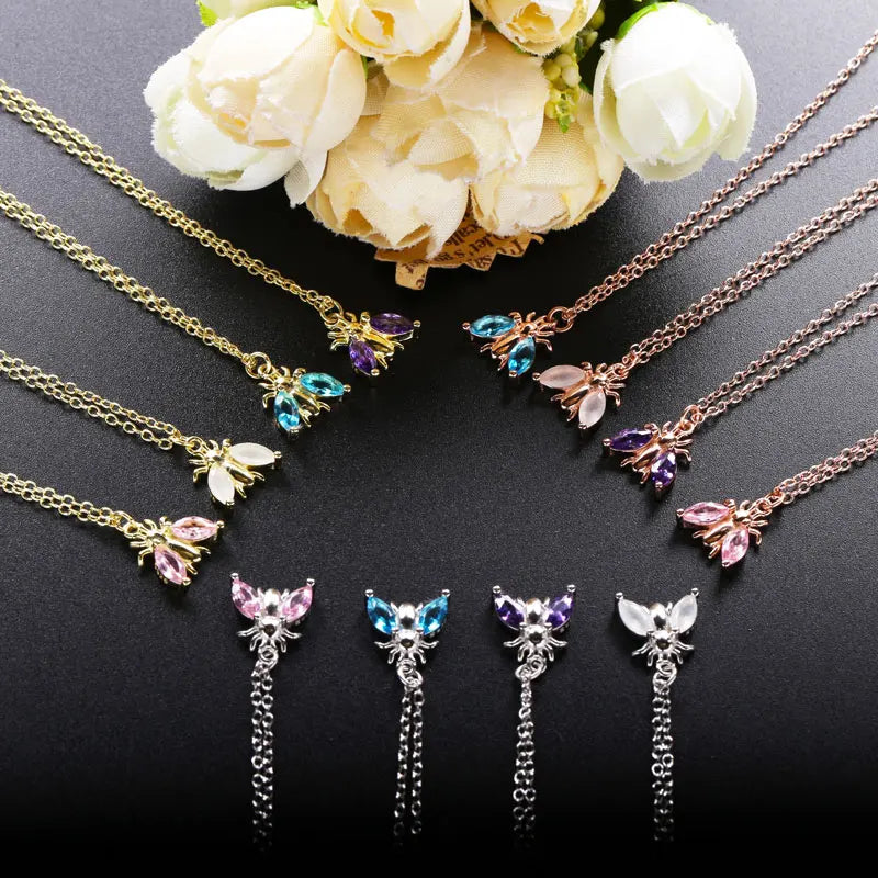 925 Silver Colorful Bee Insect Necklace for Women European Pop Animal Shape
