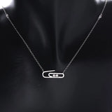 925 Silver Double Zircon Safety Pin Link Necklace CZ Paper Clip Dangle Collar