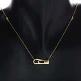 925 Silver Double Zircon Safety Pin Link Necklace CZ Paper Clip Dangle Collar