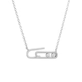 925 Silver Double Zircon Safety Pin Link Necklace CZ Paper Clip Dangle Collar
