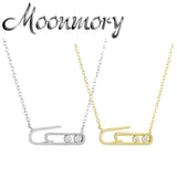 925 Silver Double Zircon Safety Pin Link Necklace CZ Paper Clip Dangle Collar