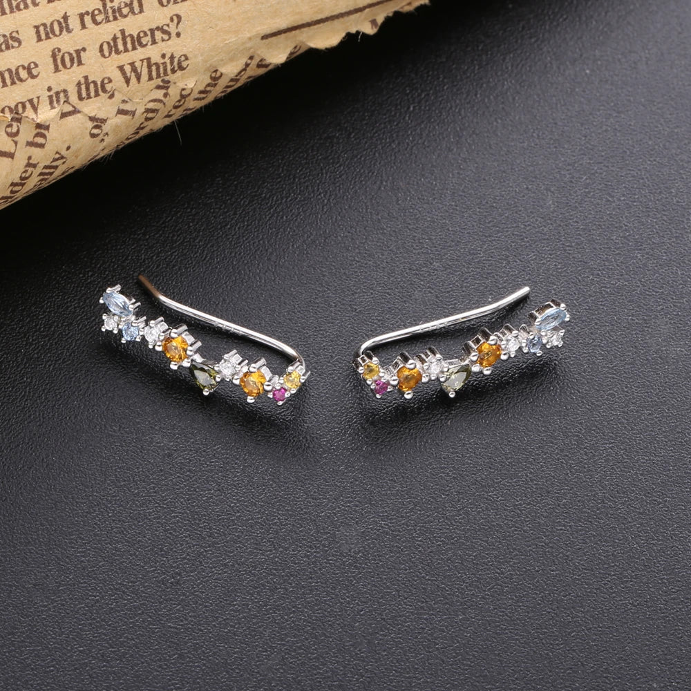925 Silver Ear Pin Clip Safety Euphoria Earrings Rainbow Crystal Punk