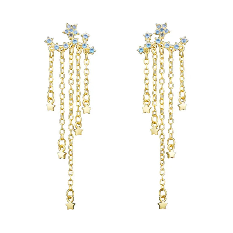 925 Silver 18K Tassel Earrings CZ Star Pendant Jewelry