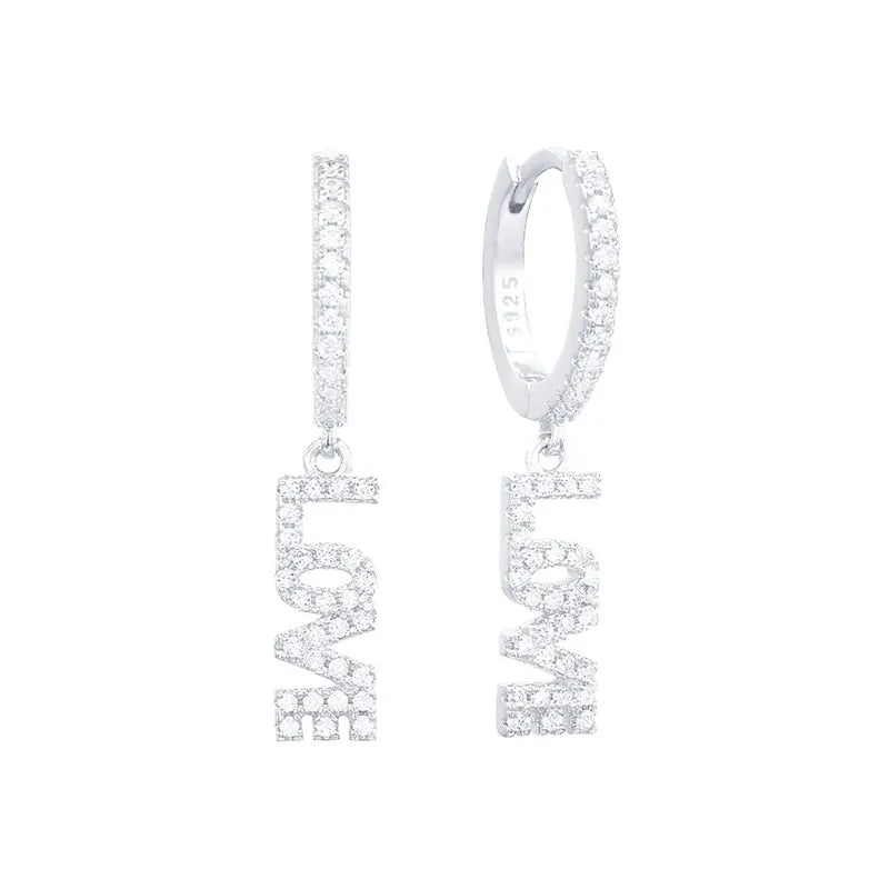 925 Silver HOPE DREAM LOVE Pendant Earrings CZ Crystal Piercing Pop Jewelry