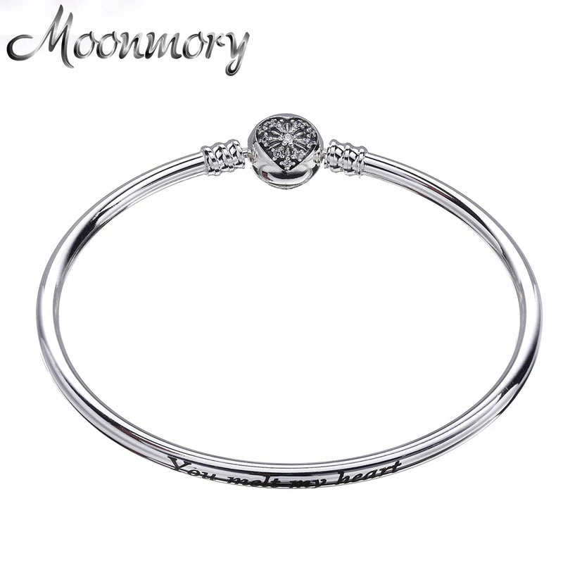 925 Silver Heart Snowflake Bangle Bracelet Women DIY Bead Jewelry Christmas