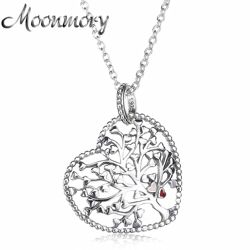 925 Silver Heart Family Tree Pendant Choker Necklace for Women