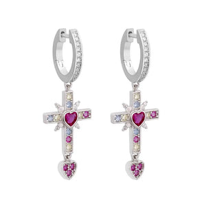 925 Silver Red Zircon Heart Drop Earring Full Crystal Cross Round Earrings