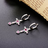 925 Silver Red Zircon Heart Drop Earring Full Crystal Cross Round Earrings