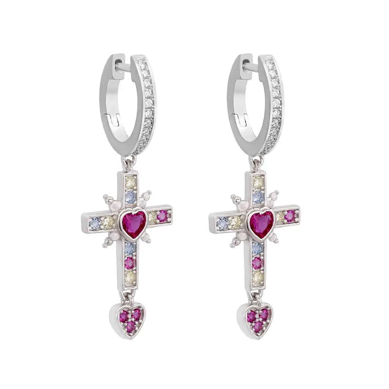 925 Silver Red Zircon Heart Drop Earring Full Crystal Cross Round Earrings