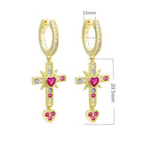 925 Silver Red Zircon Heart Drop Earring Full Crystal Cross Round Earrings