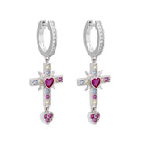 925 Silver Red Zircon Heart Drop Earring Full Crystal Cross Round Earrings