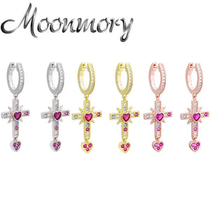925 Silver Red Zircon Heart Drop Earring Full Crystal Cross Round Earrings