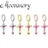 925 Silver Red Zircon Heart Drop Earring Full Crystal Cross Round Earrings