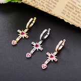 925 Silver Red Zircon Heart Drop Earring Full Crystal Cross Round Earrings