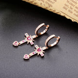 925 Silver Red Zircon Heart Drop Earring Full Crystal Cross Round Earrings