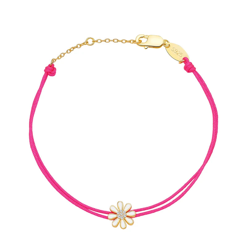 925 Silver Sunflower Hot Pink Ropes Bracelet for Mother's Gift