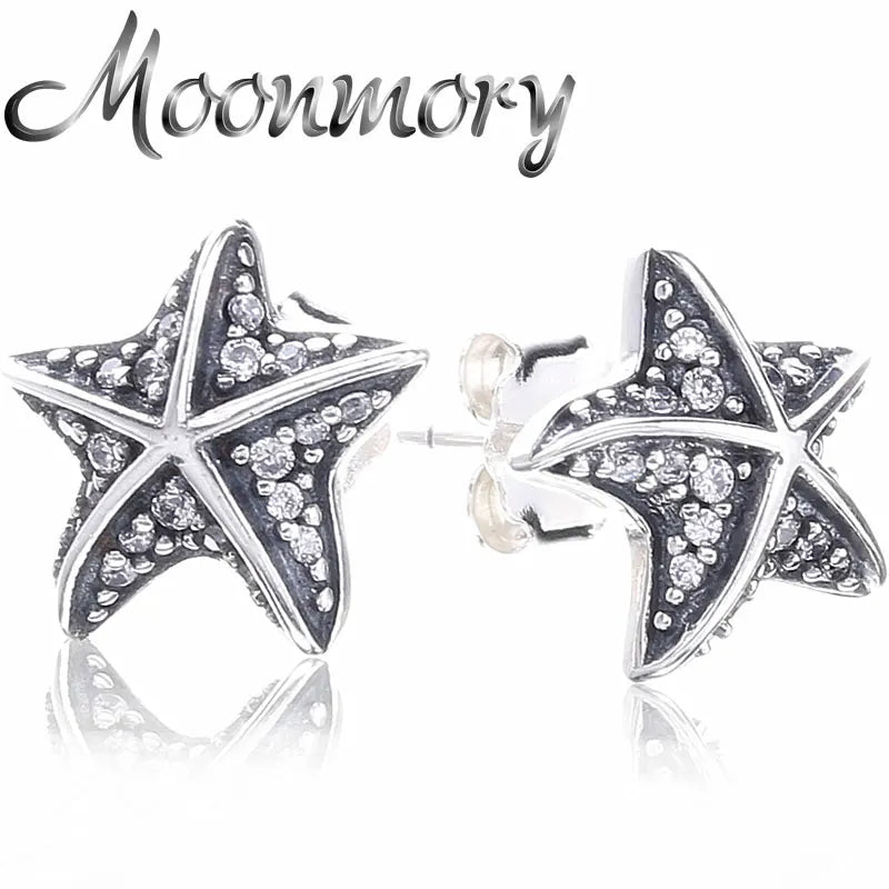 925 Silver Zircon Sea Star Stud Earring Crystal Vintage Hot Oorbel Jewelry