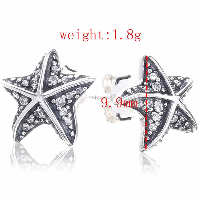 925 Silver Zircon Sea Star Stud Earring Crystal Vintage Hot Oorbel Jewelry