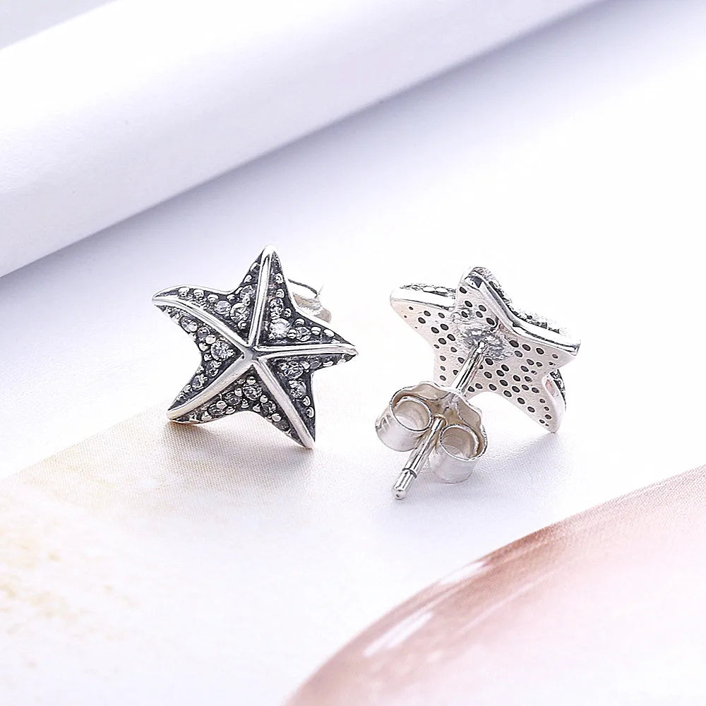 925 Silver Zircon Sea Star Stud Earring Crystal Vintage Hot Oorbel Jewelry