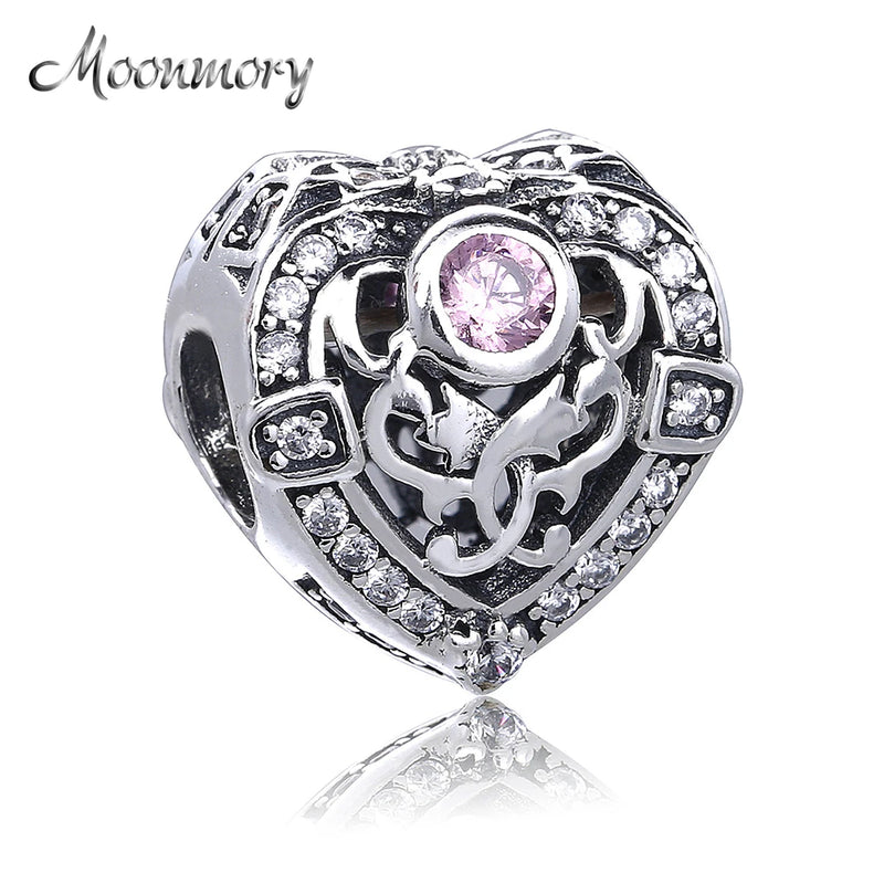 925 Sterling Silver Heart Charms Fits Bracelet Orchid Clear Pink CZ DIY Jewelry
