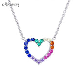 925 Sterling Silver Rainbow Heart Pendant Necklace Zircon Jewelry