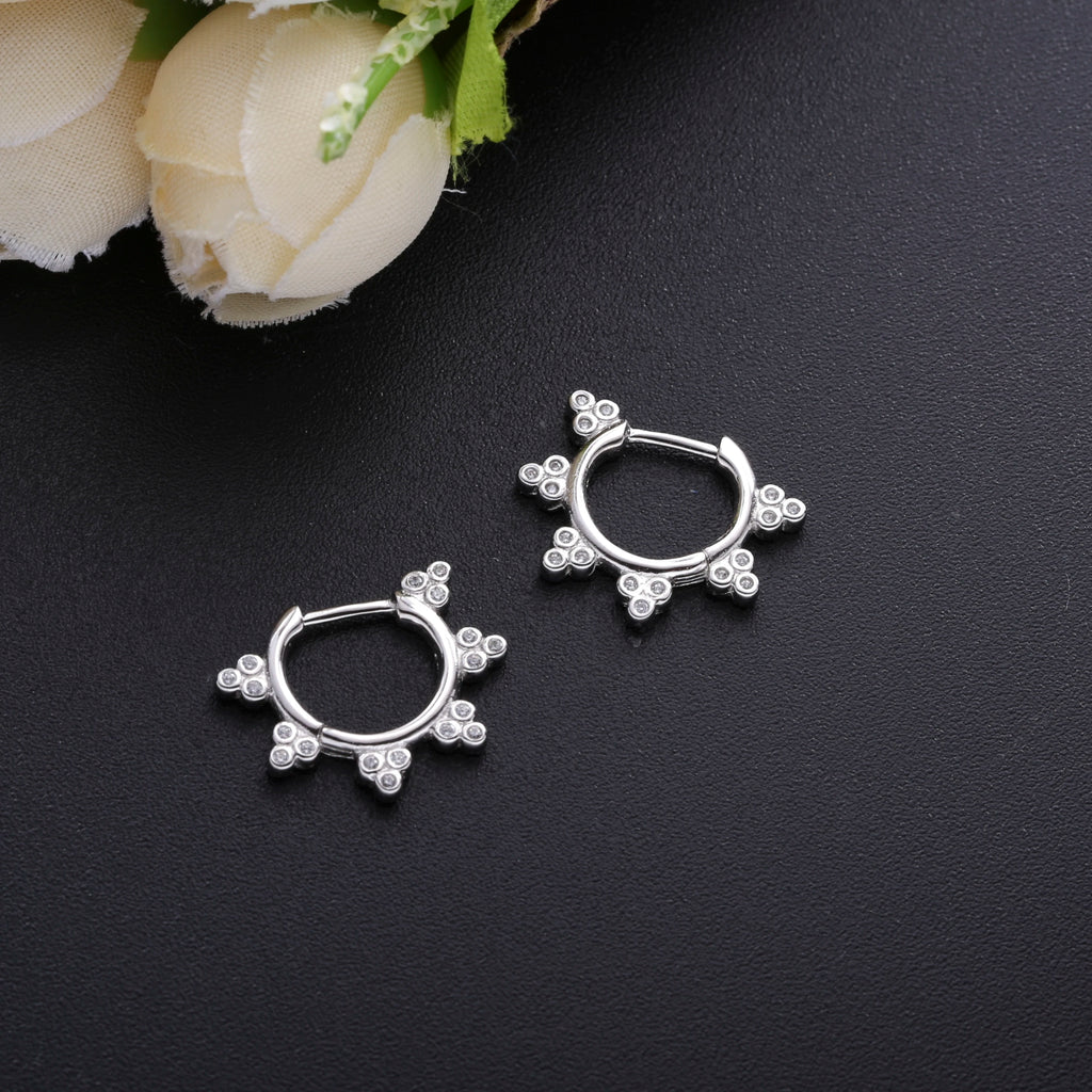 925 Silver Crystal Flower Hoop Earrings Vintage Jewelry Women