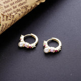 925 Silver Pink Zircon Hoop Huggie Earrings with Pearl Beads