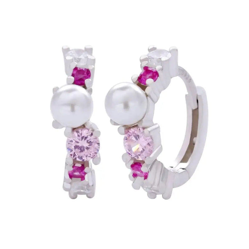 925 Silver Pink Zircon Hoop Huggie Earrings with Pearl Beads