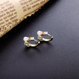 925 Silver Pink Zircon Hoop Huggie Earrings with Pearl Beads