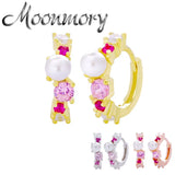 925 Silver Pink Zircon Hoop Huggie Earrings with Pearl Beads