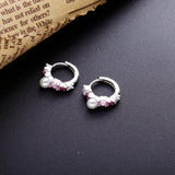 925 Silver Pink Zircon Hoop Huggie Earrings with Pearl Beads