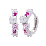 925 Silver Pink Zircon Hoop Huggie Earrings with Pearl Beads