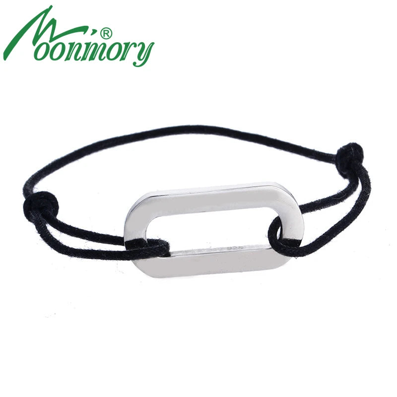 Adjustable S925 Sterling Silver Rectangle Bracelet with Rope for Women and Men