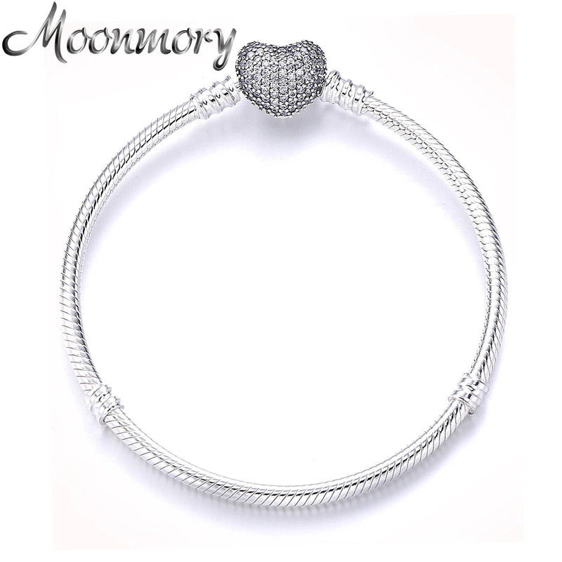 925 Silver Heart Lock Bracelet Clear Zircon Women Jewelry 16-21CM