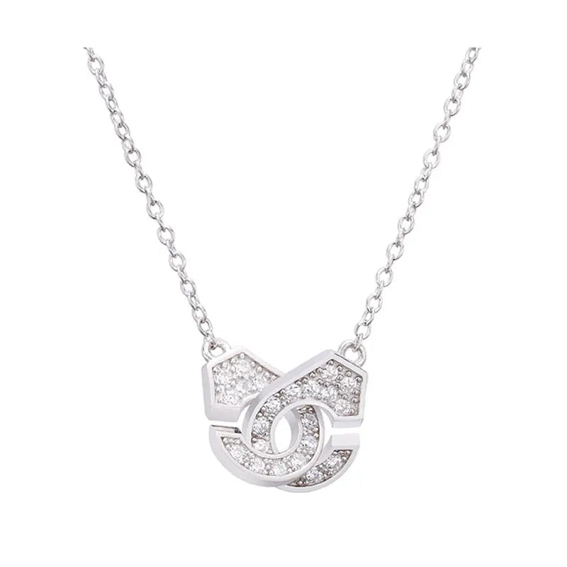 Silver 925 Handcuffs Lock Pendant CZ Neck Chain for Women And Men