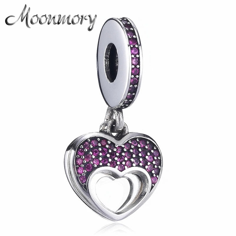 925 Silver Love Heart Charms Pendant With Red Zircon