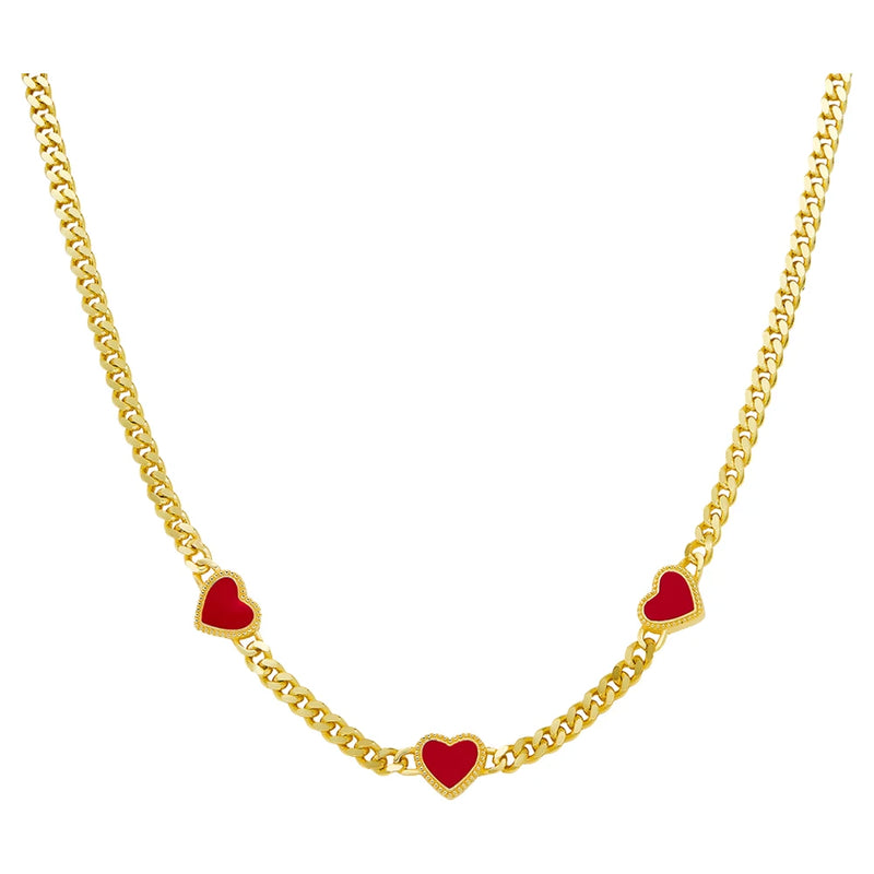 925 Silver Plated Chain Necklace with Red Enamel Hearts for Women