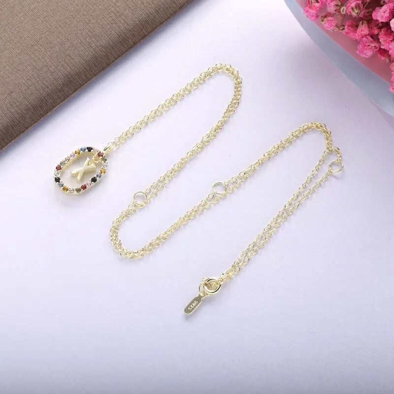 925 Silver Colorful Letters Pendant Necklace Women CZ Crystal Alphabet Gift