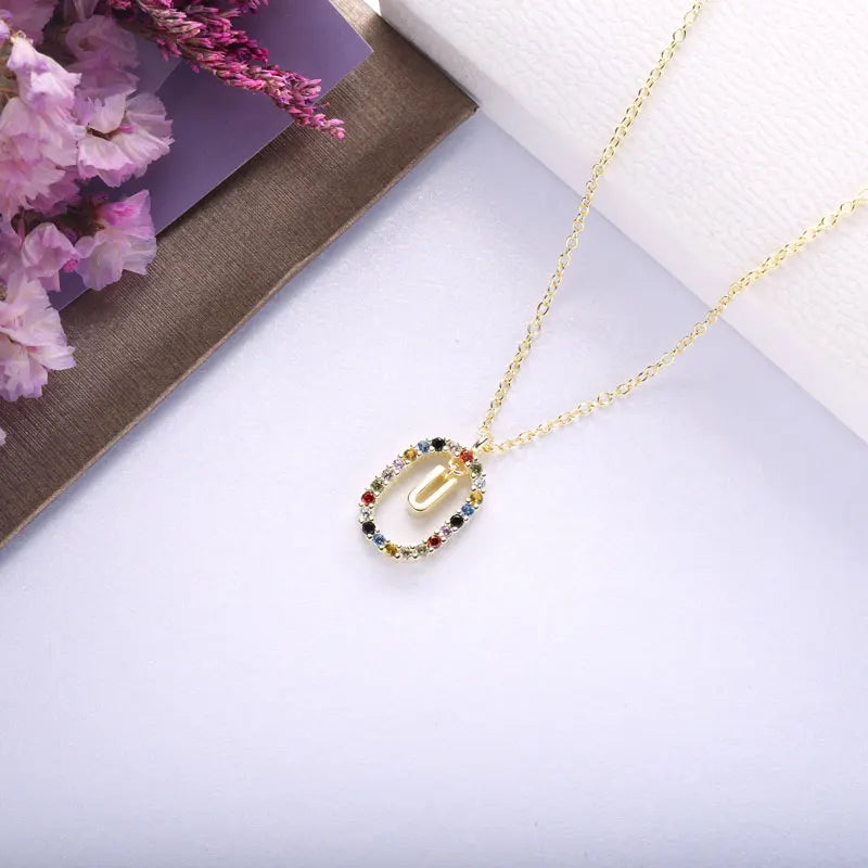 925 Silver Colorful Letters Pendant Necklace Women CZ Crystal Alphabet Gift