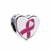 Pink Hope Ribbon 925 Silver Charm Bead Hearts Shape Bracelet DIY Jewelry