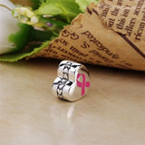 Pink Hope Ribbon 925 Silver Charm Bead Hearts Shape Bracelet DIY Jewelry
